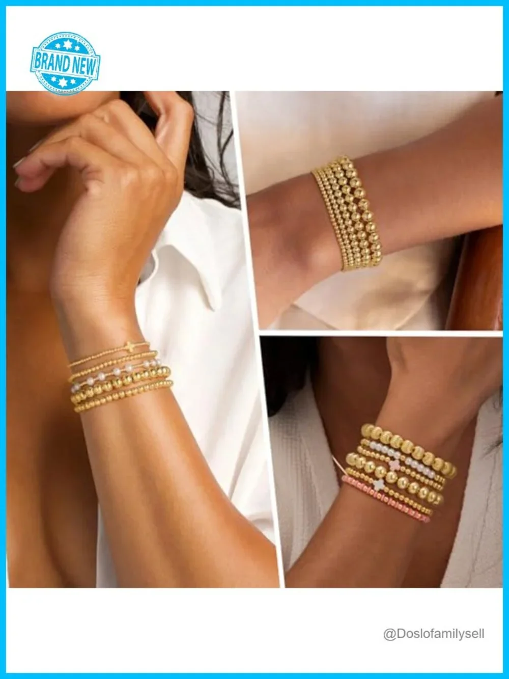 14K Gold Plated Dainty Beaded Pearl Cross Bracelet Stack 5-Piece Set Stretch